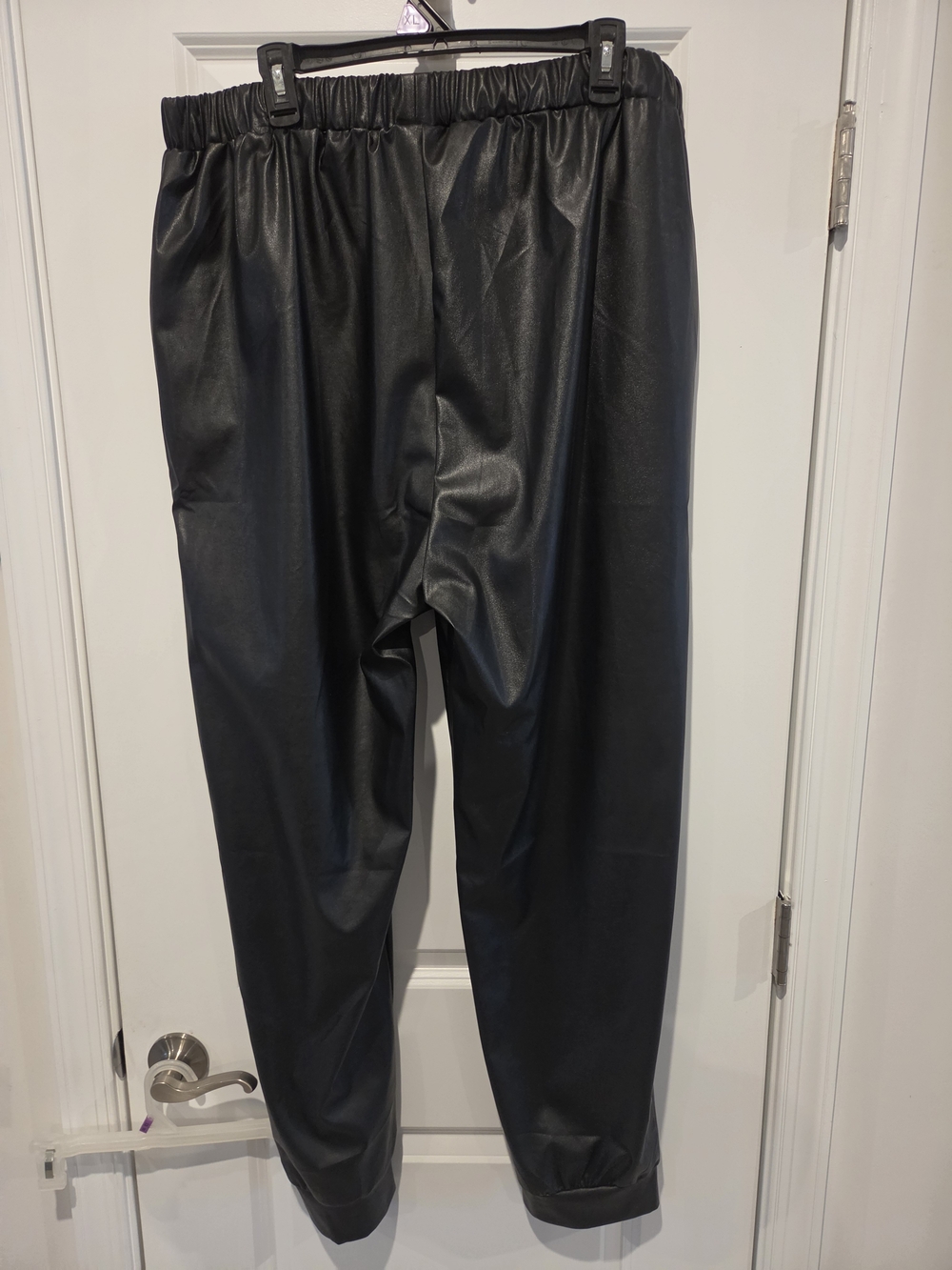 Women's Black Faux Leather Jogger Pants - Elastic Waist